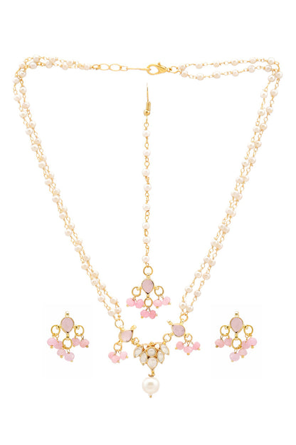 Gold Plated Pink Kundan Jewellery Set 