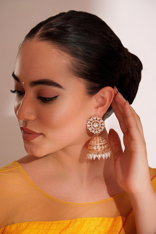 Gold Finish Kundan Polki Jhumka Earrings 