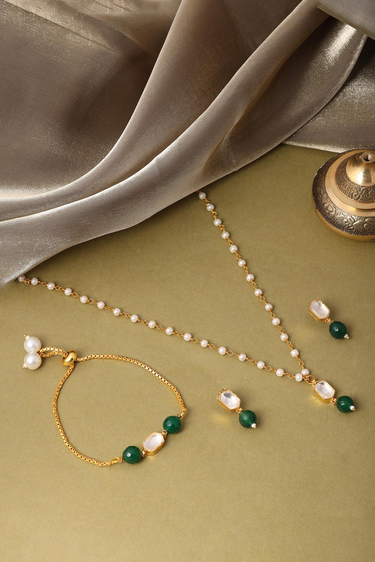 Gold Plated Green Polki Kundan Jewellery Set 