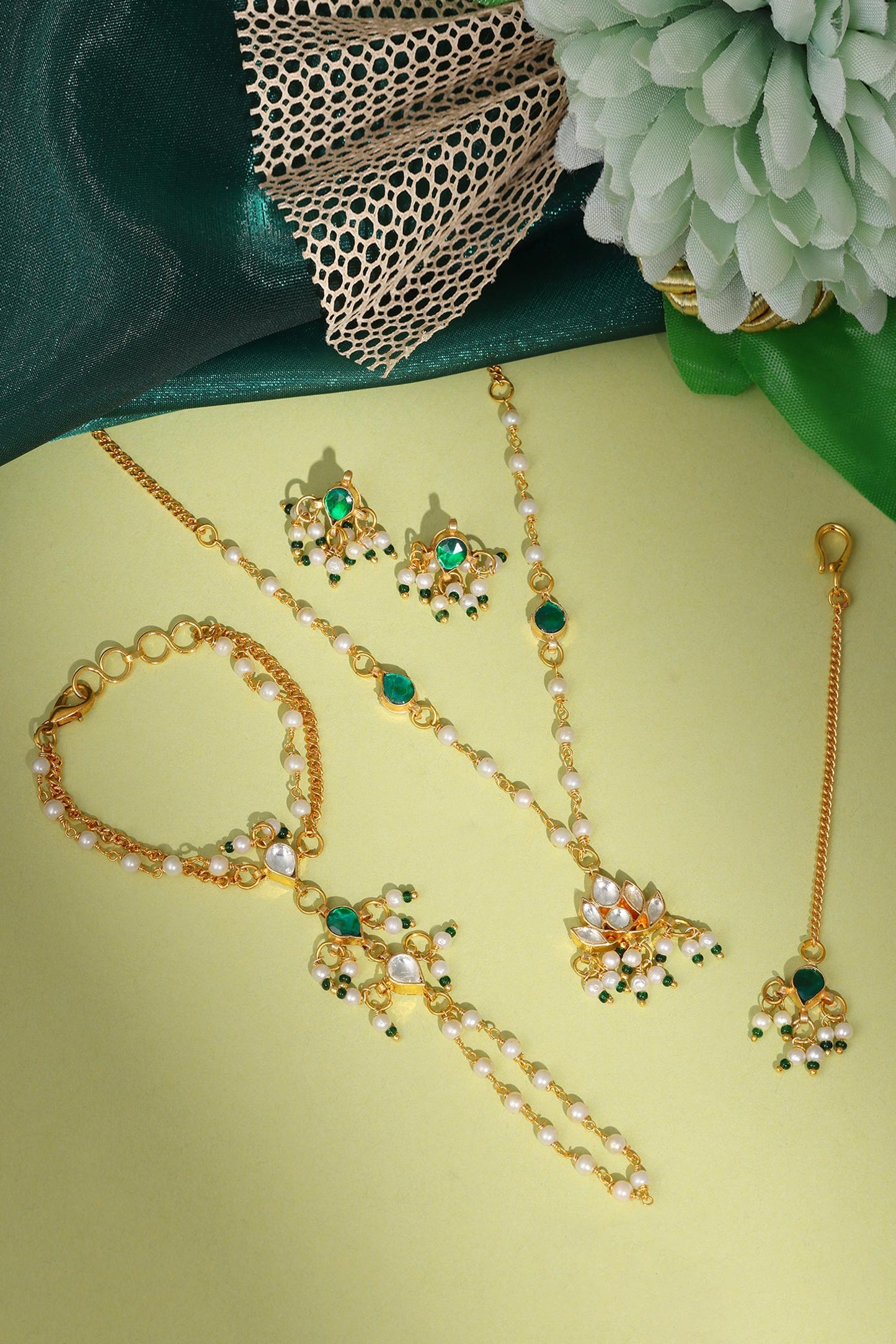 Gold Plated Green Kundan Jewellery Set 