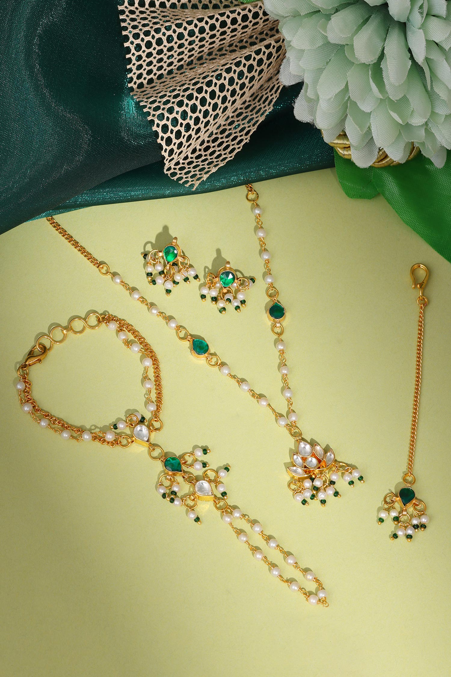 Gold Plated Green Kundan Jewellery Set 