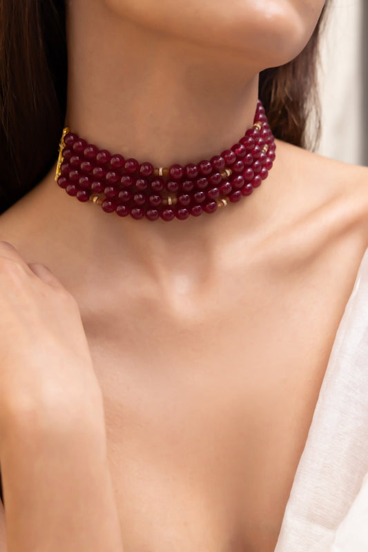 Maroon Beaded Gold Finish Choker Necklace 