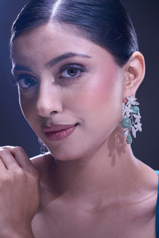 Green American Diamond Leaf Earrings 