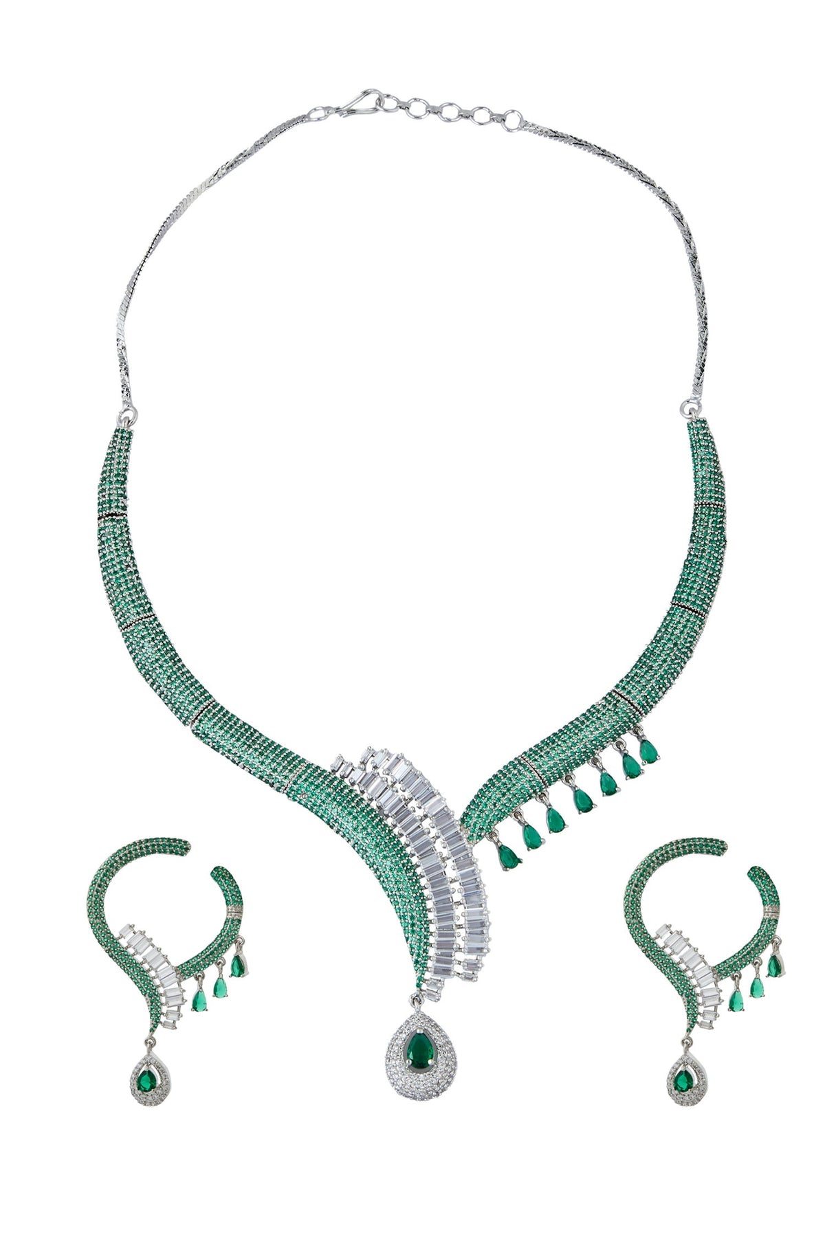Green Brass American Diamond Jewelry Set 