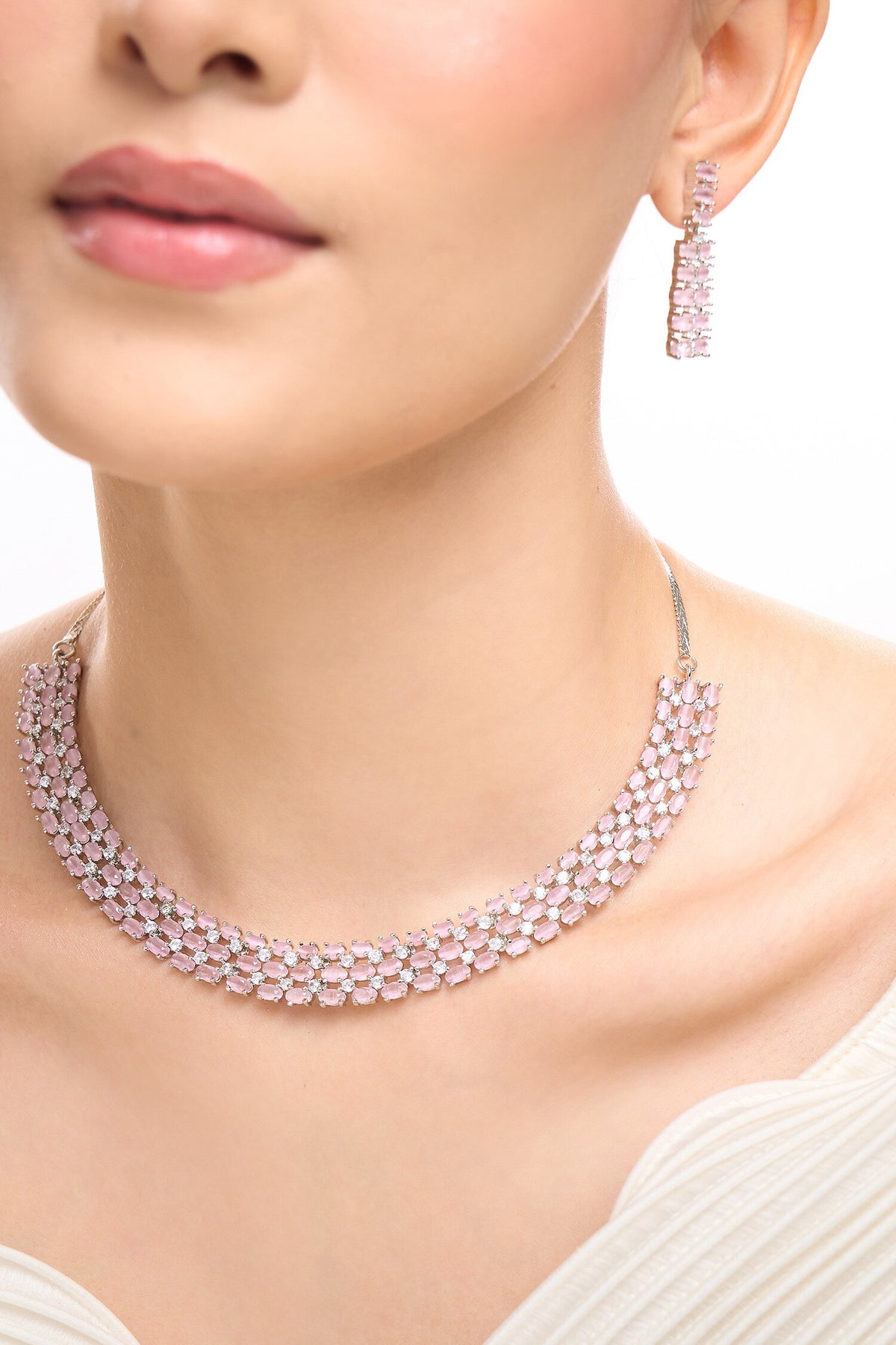 Pink American Diamond Necklace & Earrings Set 