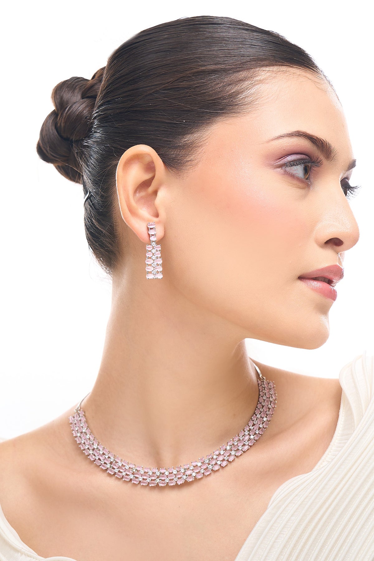 Pink American Diamond Necklace & Earrings Set 
