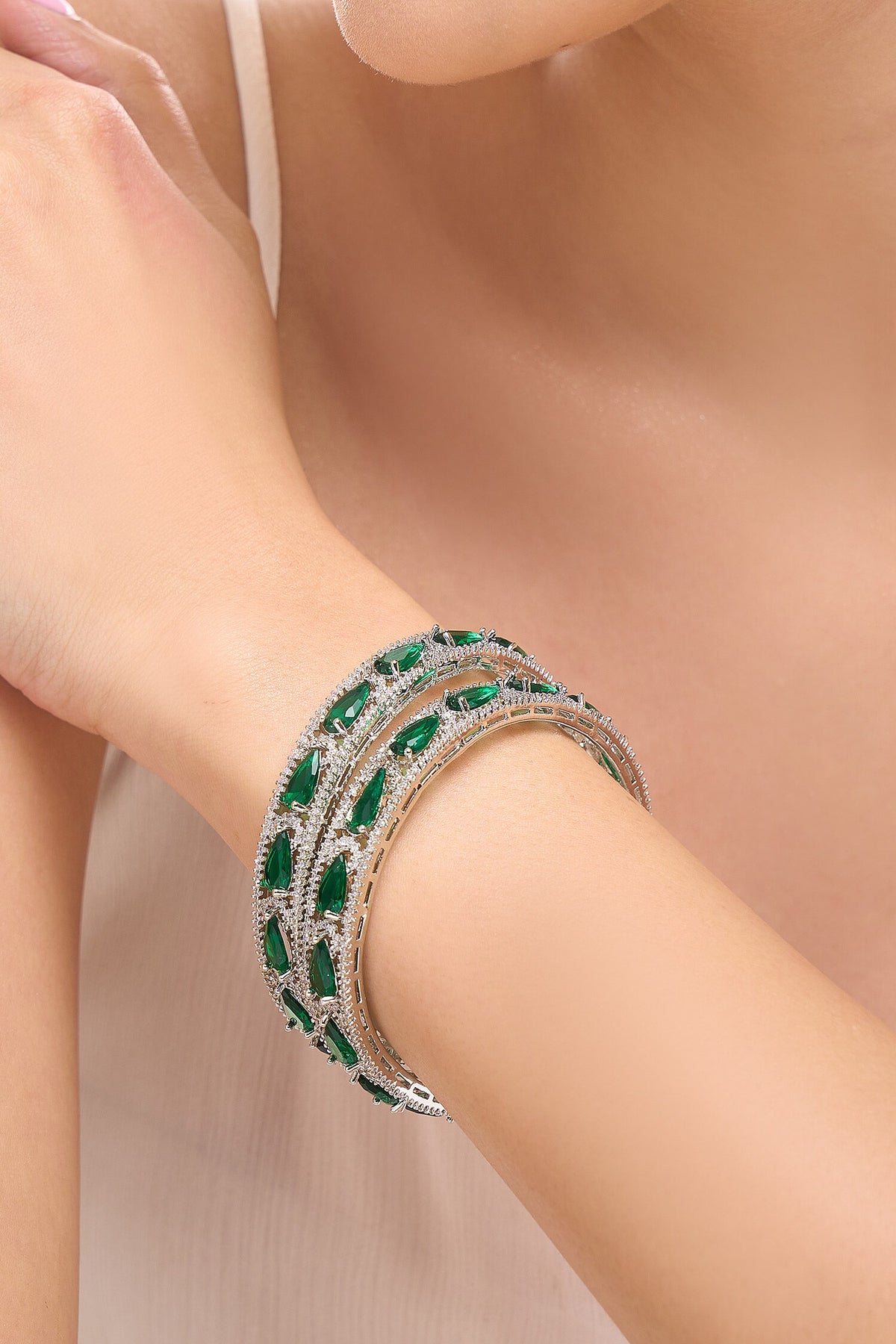 Silver & Green American Diamond Bangles 