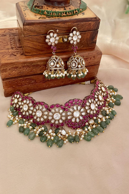 Multi Stone Embellished Necklace & Earrings 