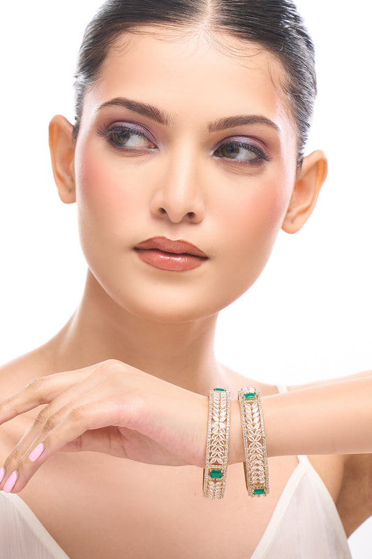 Gold & Green American Diamond Bangles Set 