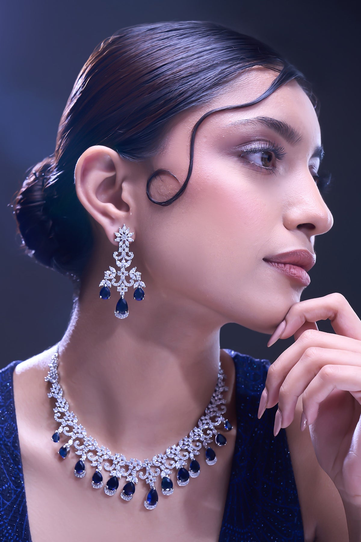 Blue American Diamond Necklace & Earring Set 