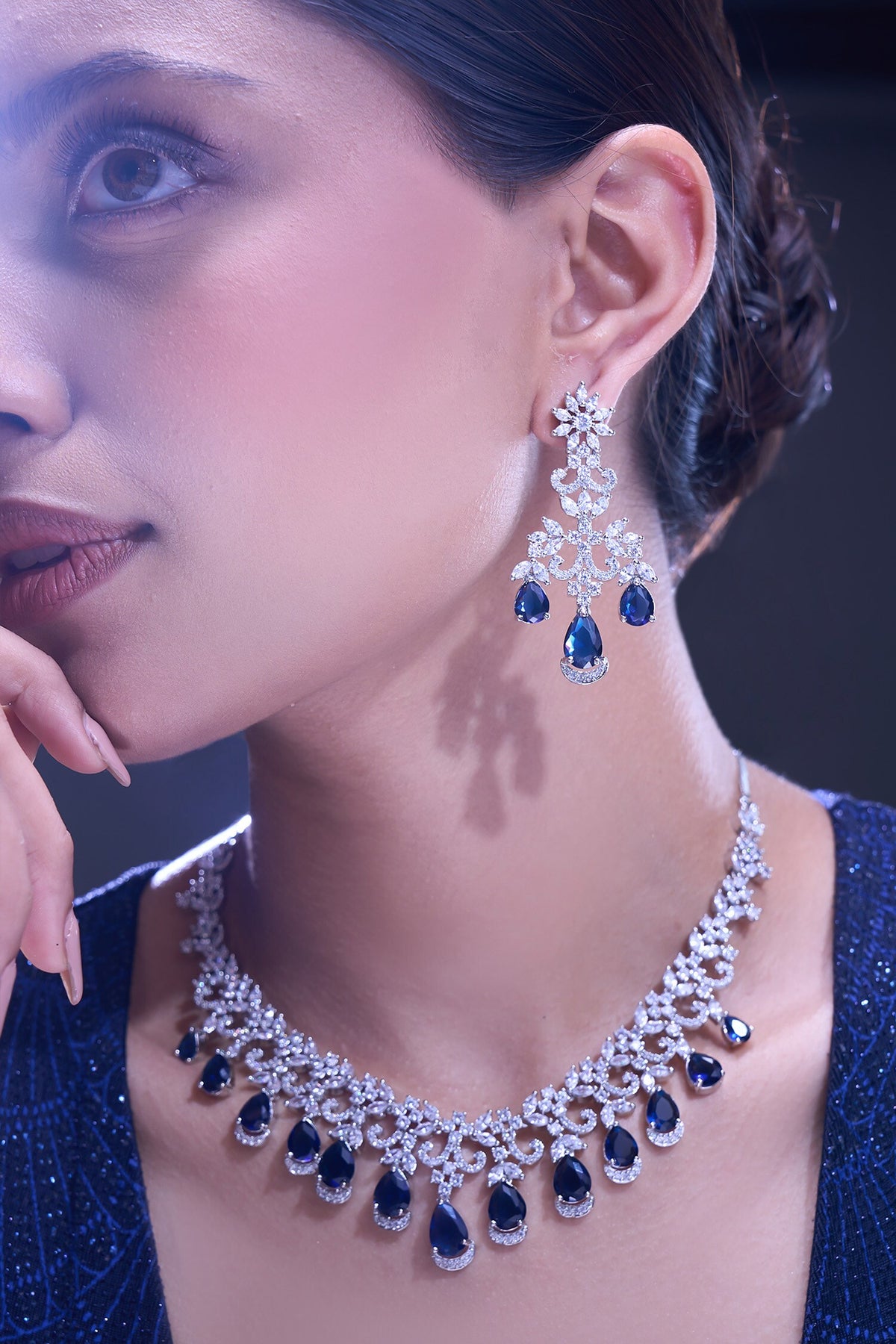 Blue American Diamond Necklace & Earring Set 
