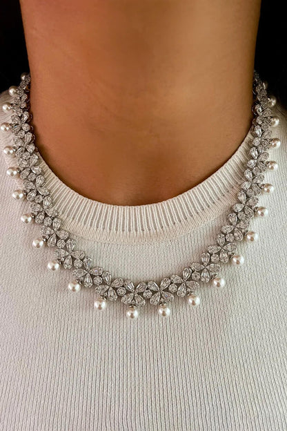 Pearly Floral Diamonte Necklace Set 