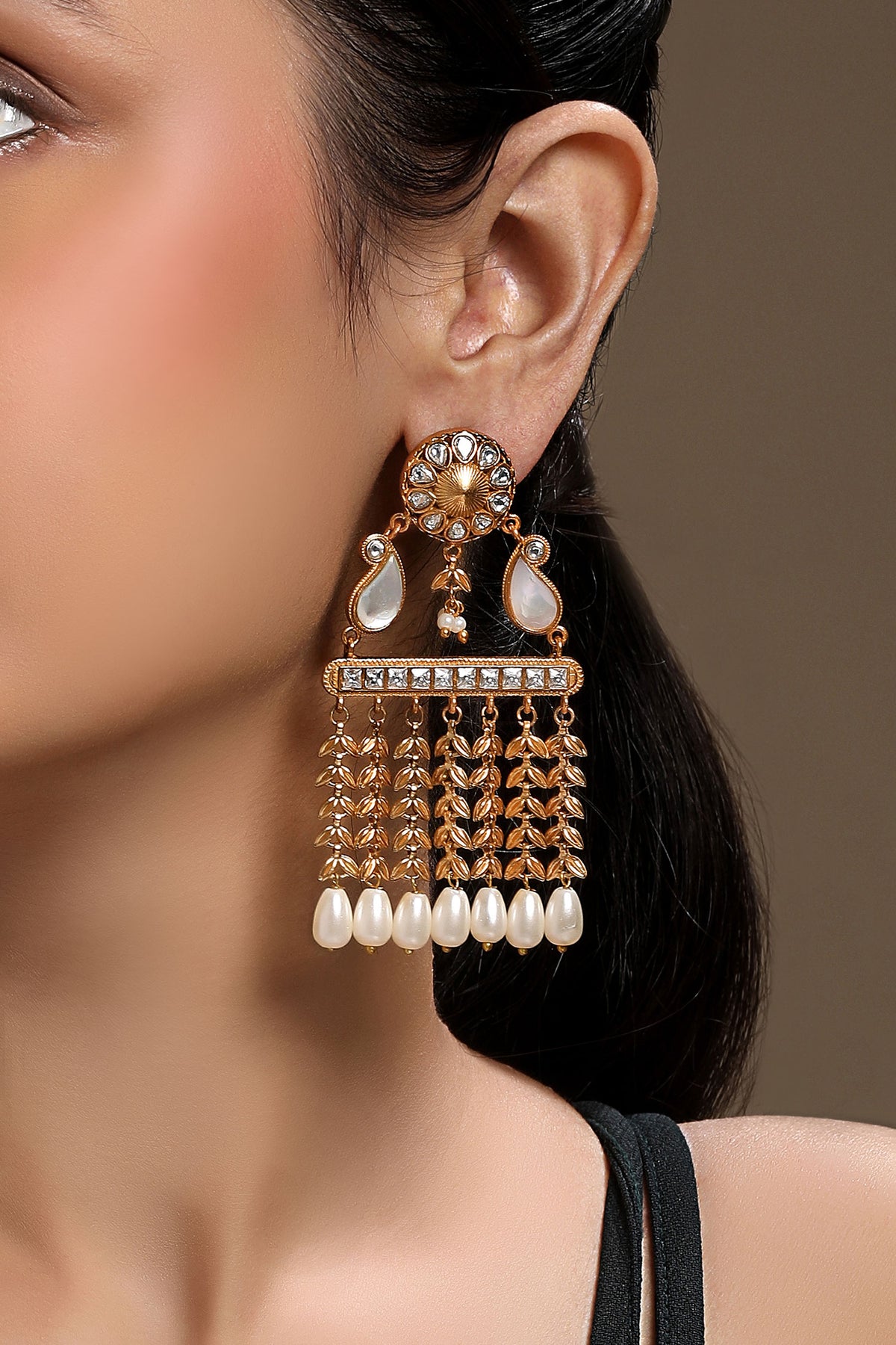Gold Kundan Polki Pearl Earrings 
