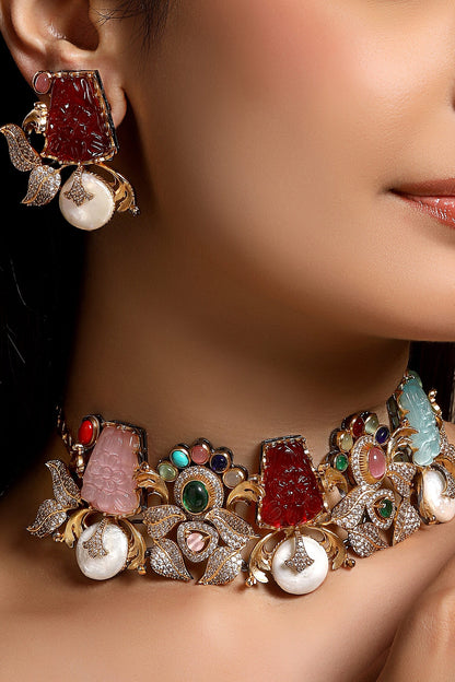 Multicoloured Designer Necklace & Earring Set 