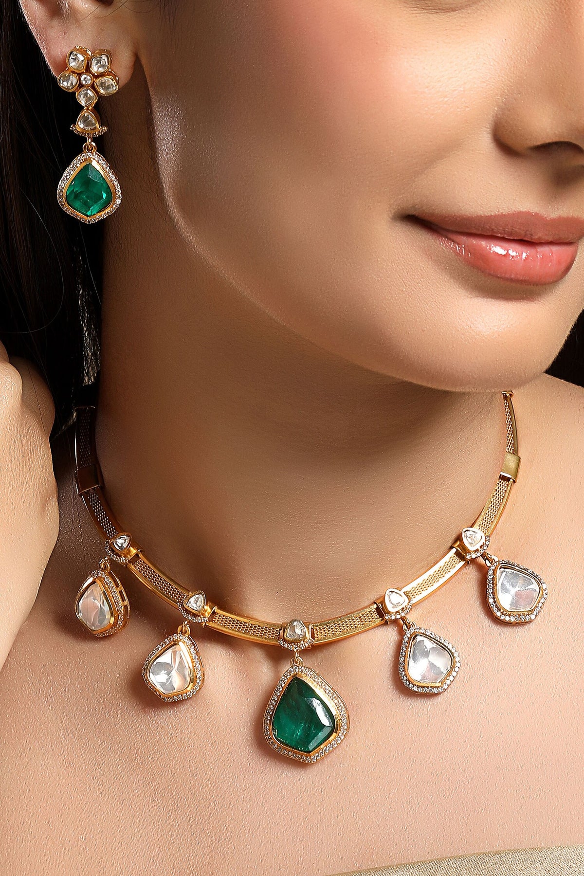 Designer Green Gold Plated Jewelry Set 