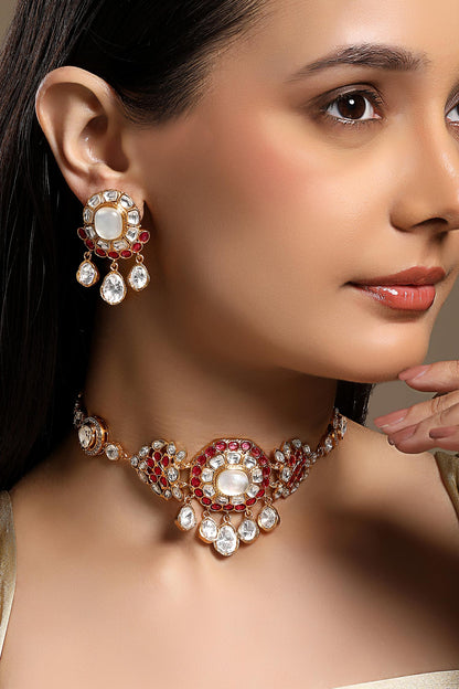 Gold Pink Designer Necklace & Earring Set 