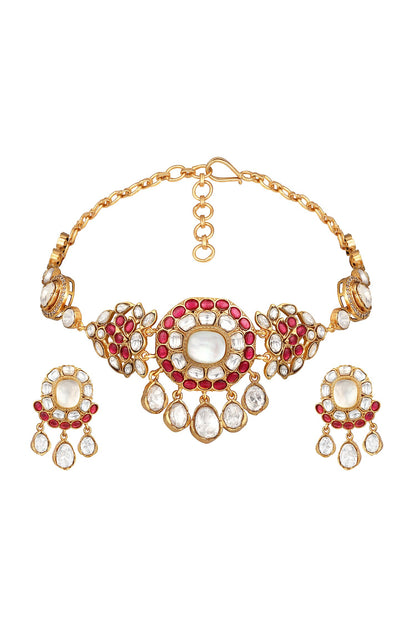 Gold Pink Designer Necklace & Earring Set 