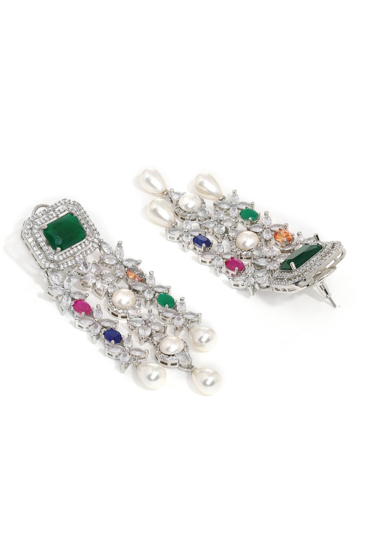 Long Multi Stone Earrings with Pearl Drops 