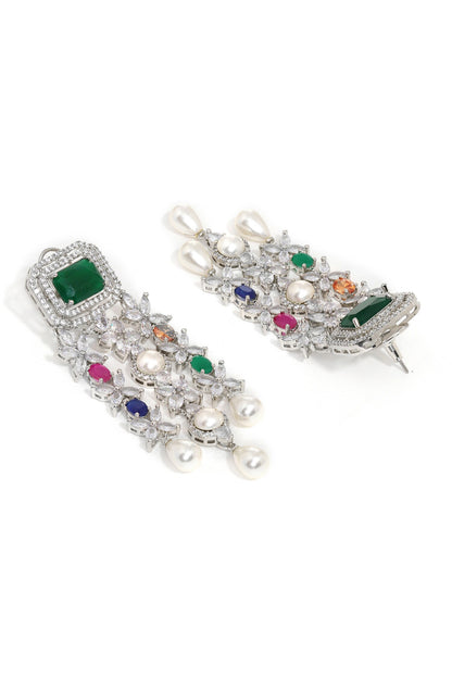 Long Multi Stone Earrings with Pearl Drops 
