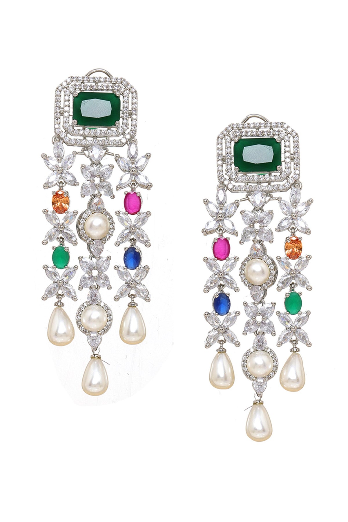 Long Multi Stone Earrings with Pearl Drops 