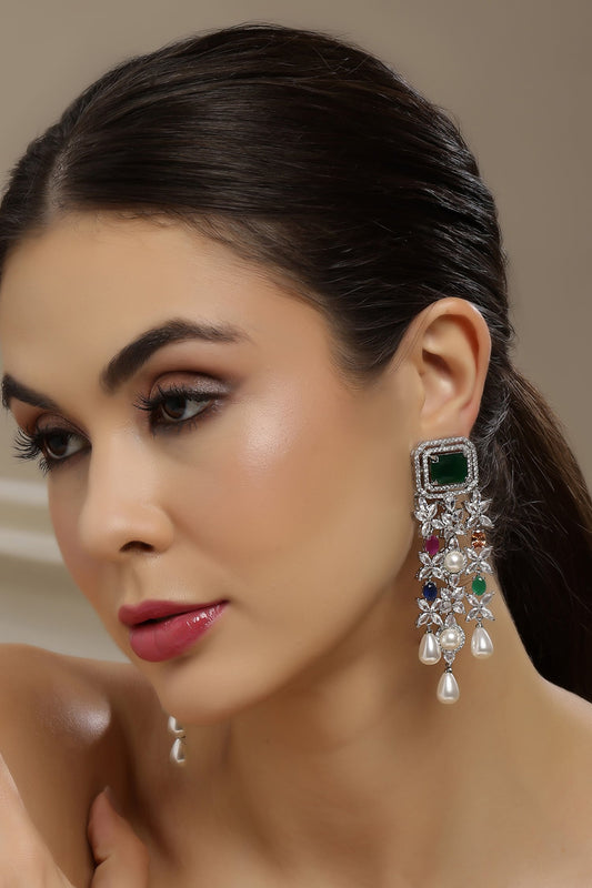 Long Multi Stone Earrings with Pearl Drops 