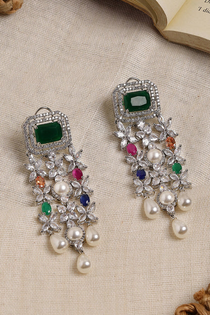 Long Multi Stone Earrings with Pearl Drops 