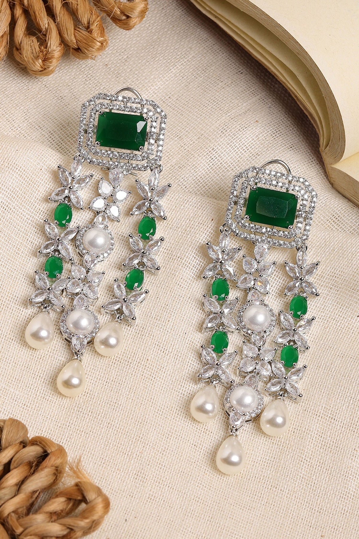 Long Crystal & Emerald Earrings 