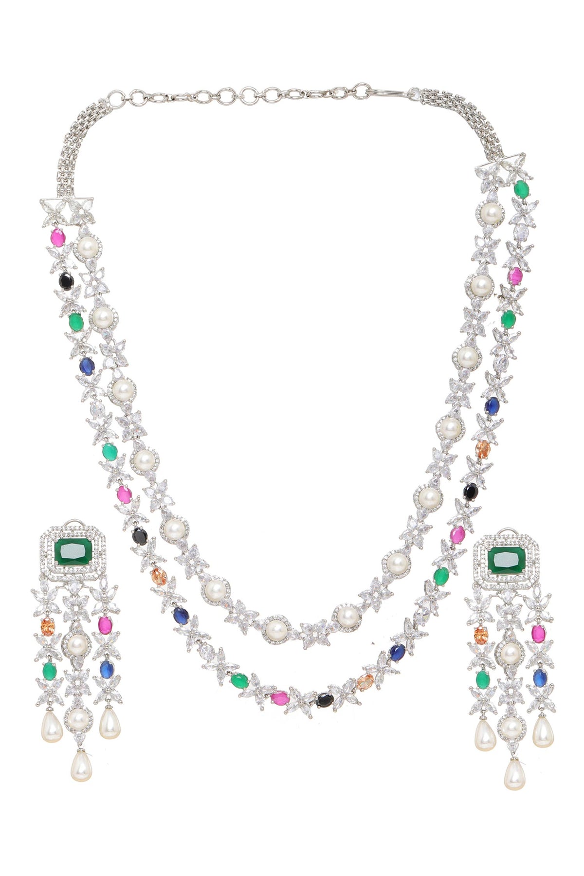 Multi Stone Double Layered Necklace & Earrings 