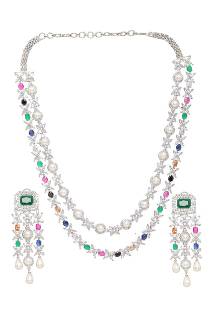 Multi Stone Double Layered Necklace & Earrings 