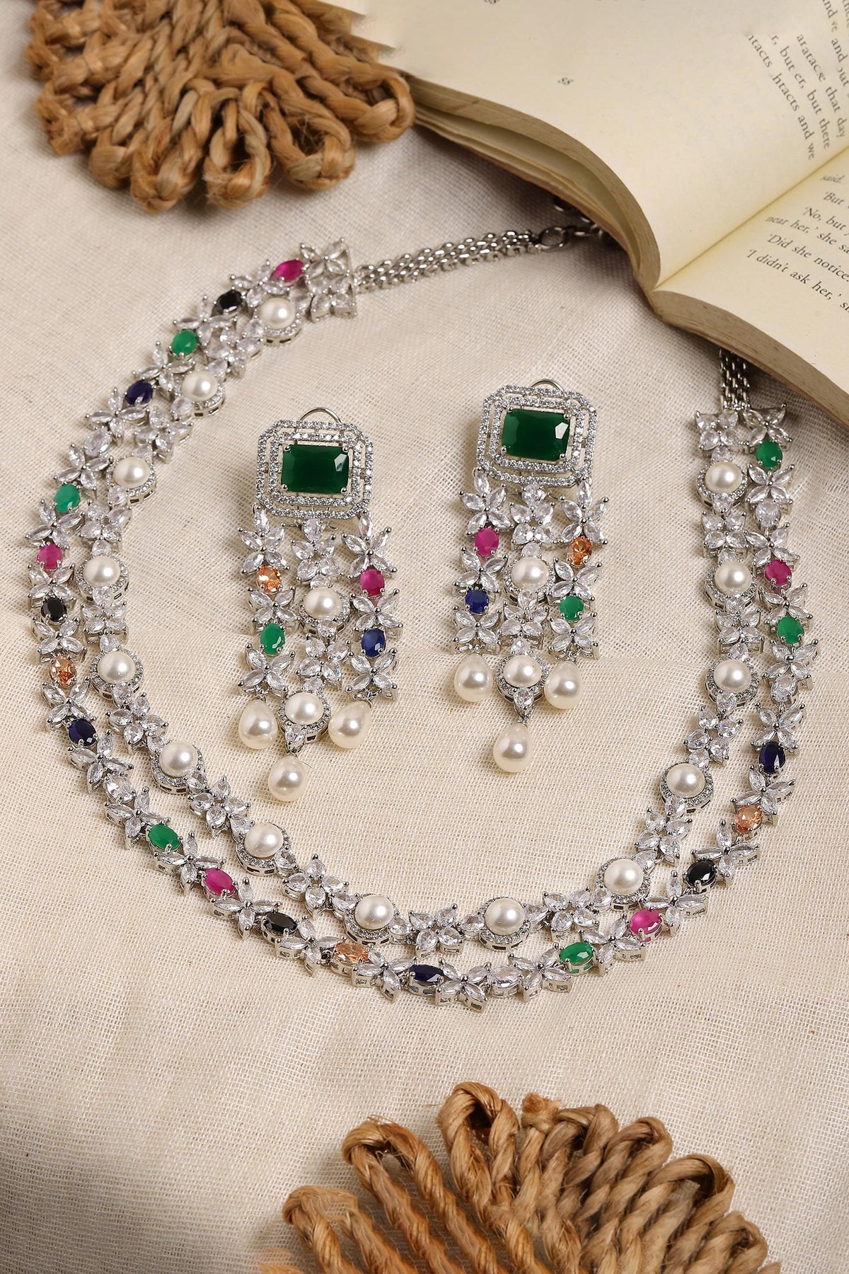 Multi Stone Double Layered Necklace & Earrings 
