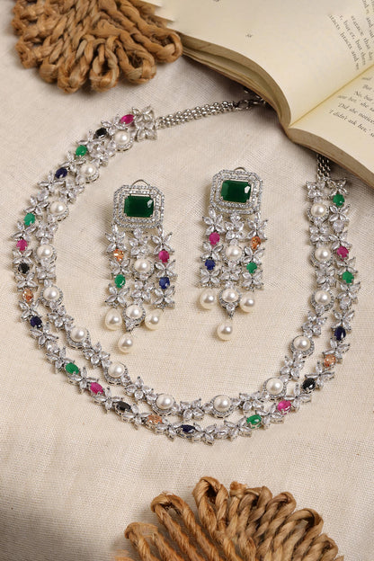 Multi Stone Double Layered Necklace & Earrings 