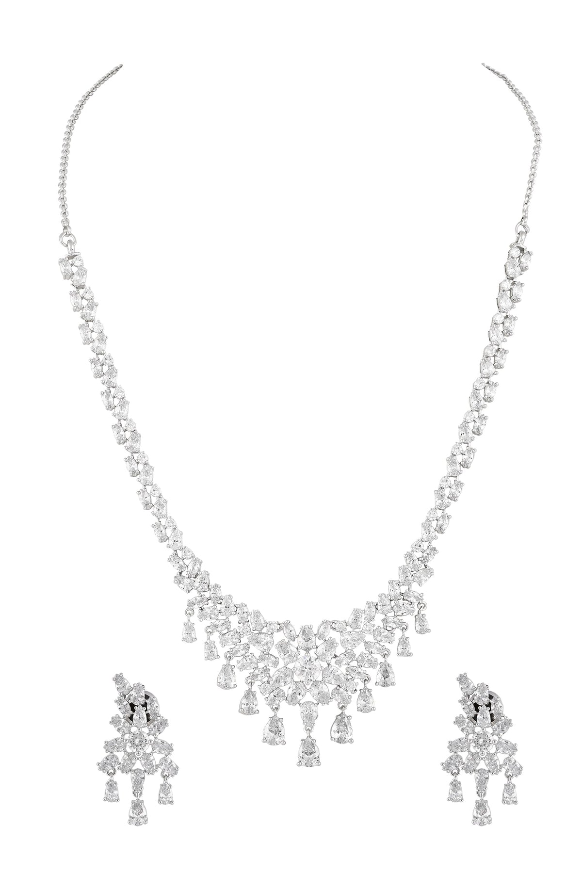 Rhodium Plated White Necklace & Earring Set 
