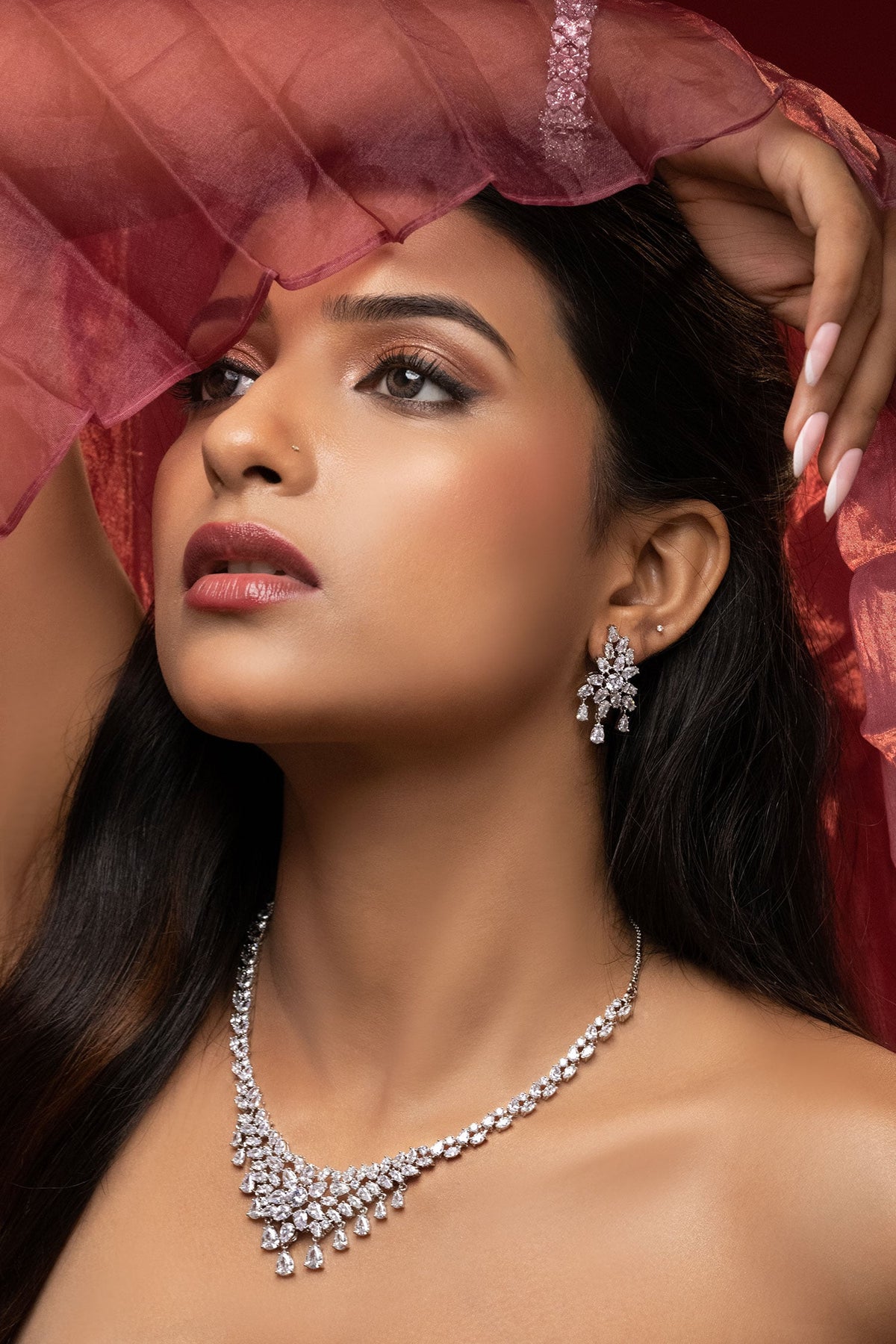Rhodium Plated White Necklace & Earring Set 