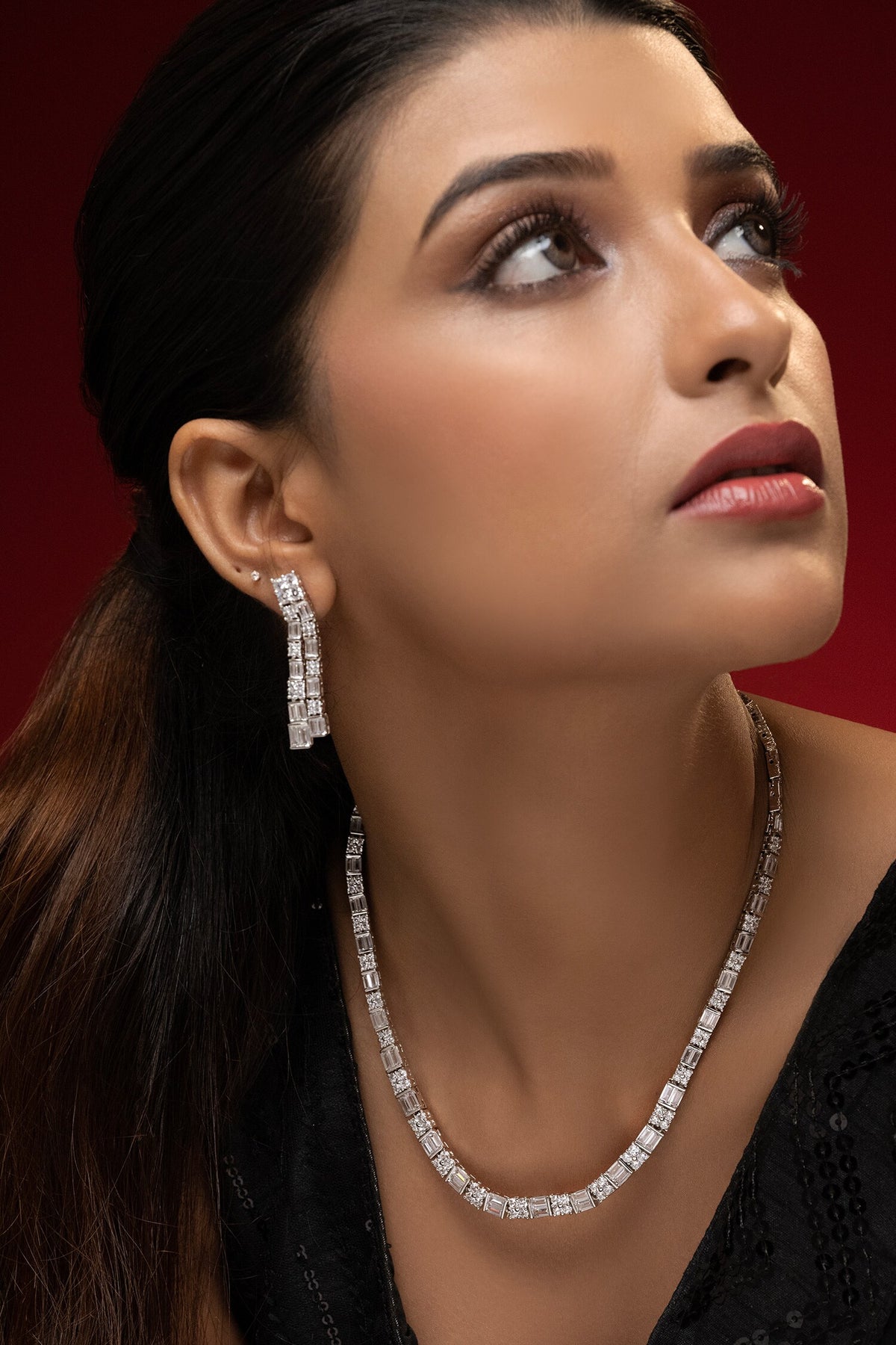 Rhodium Plated White Necklace & Earring Set 