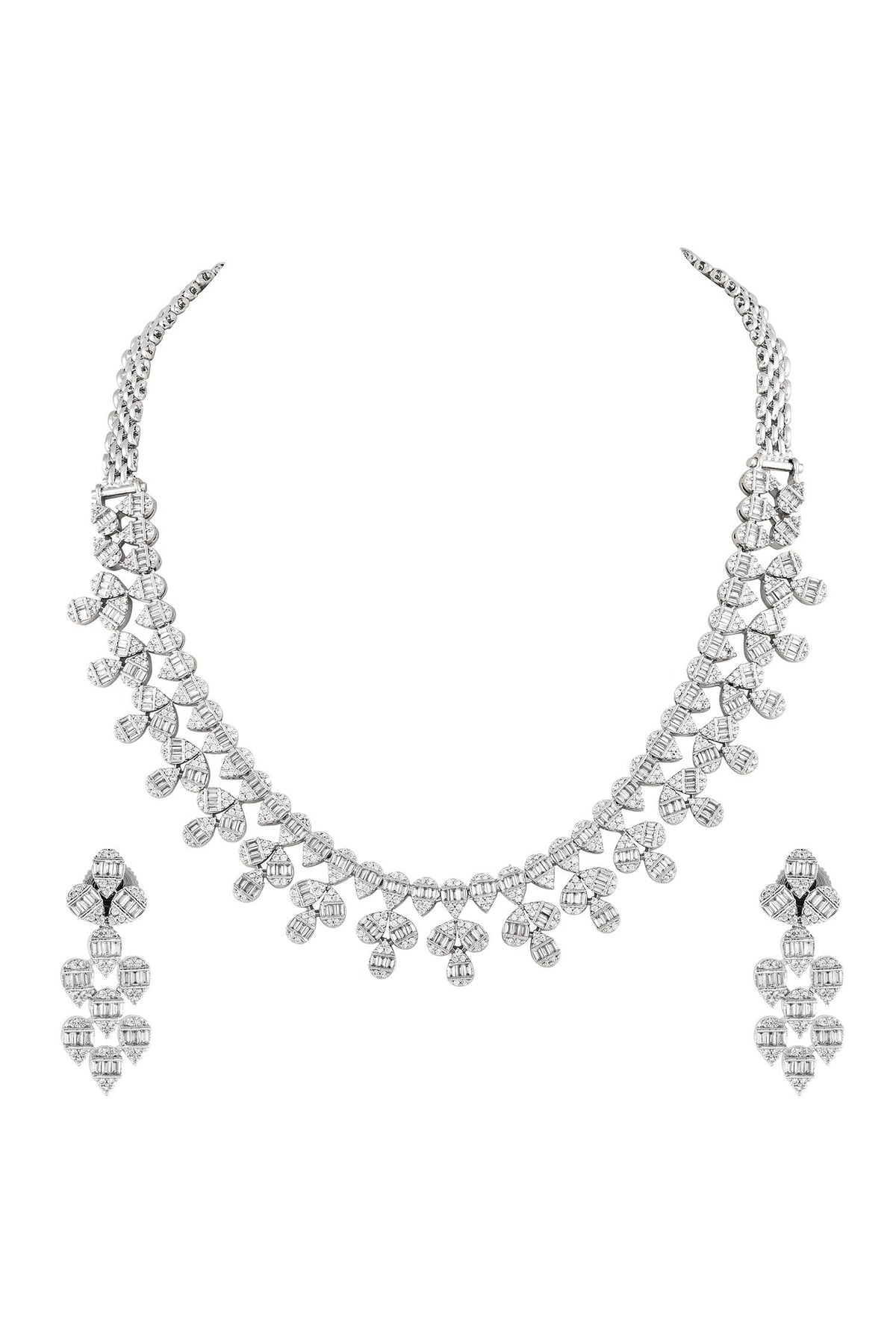 Rhodium Plated White Necklace & Earring Set 
