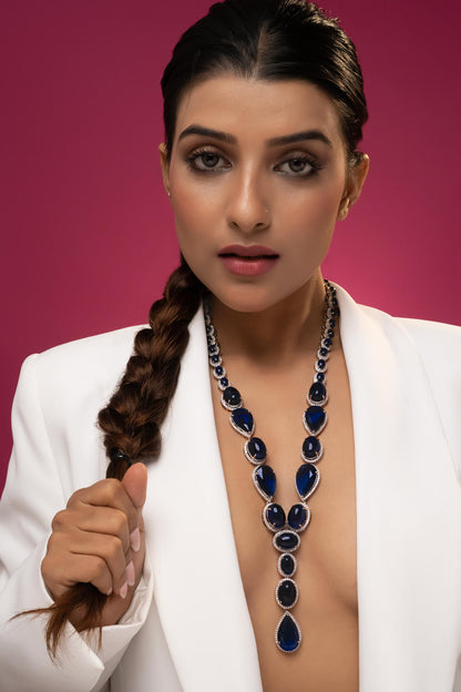 Blue Rhodium Plated Necklace & Earring Set 