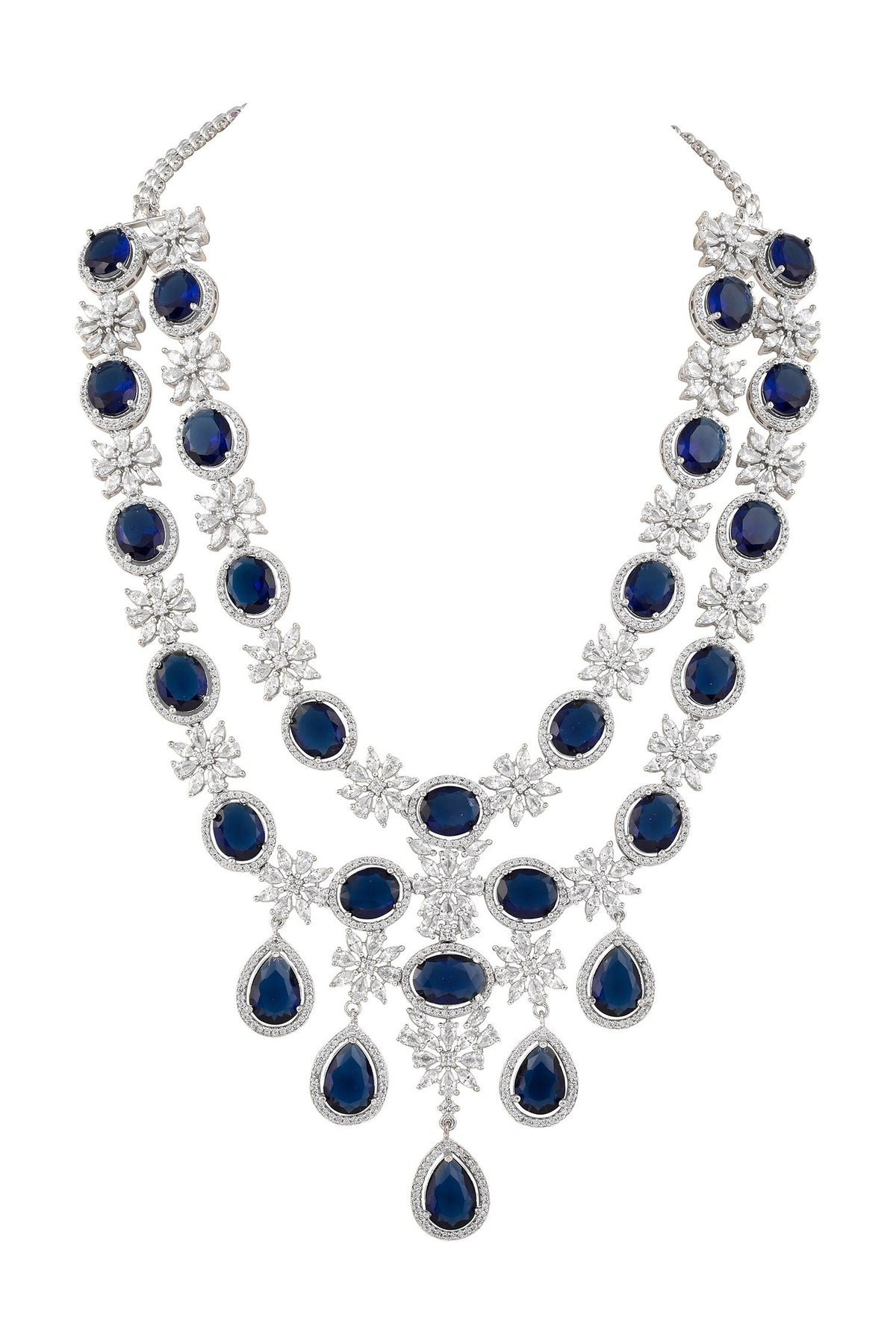 Blue Rhodium Plated Necklace & Earrings Set 