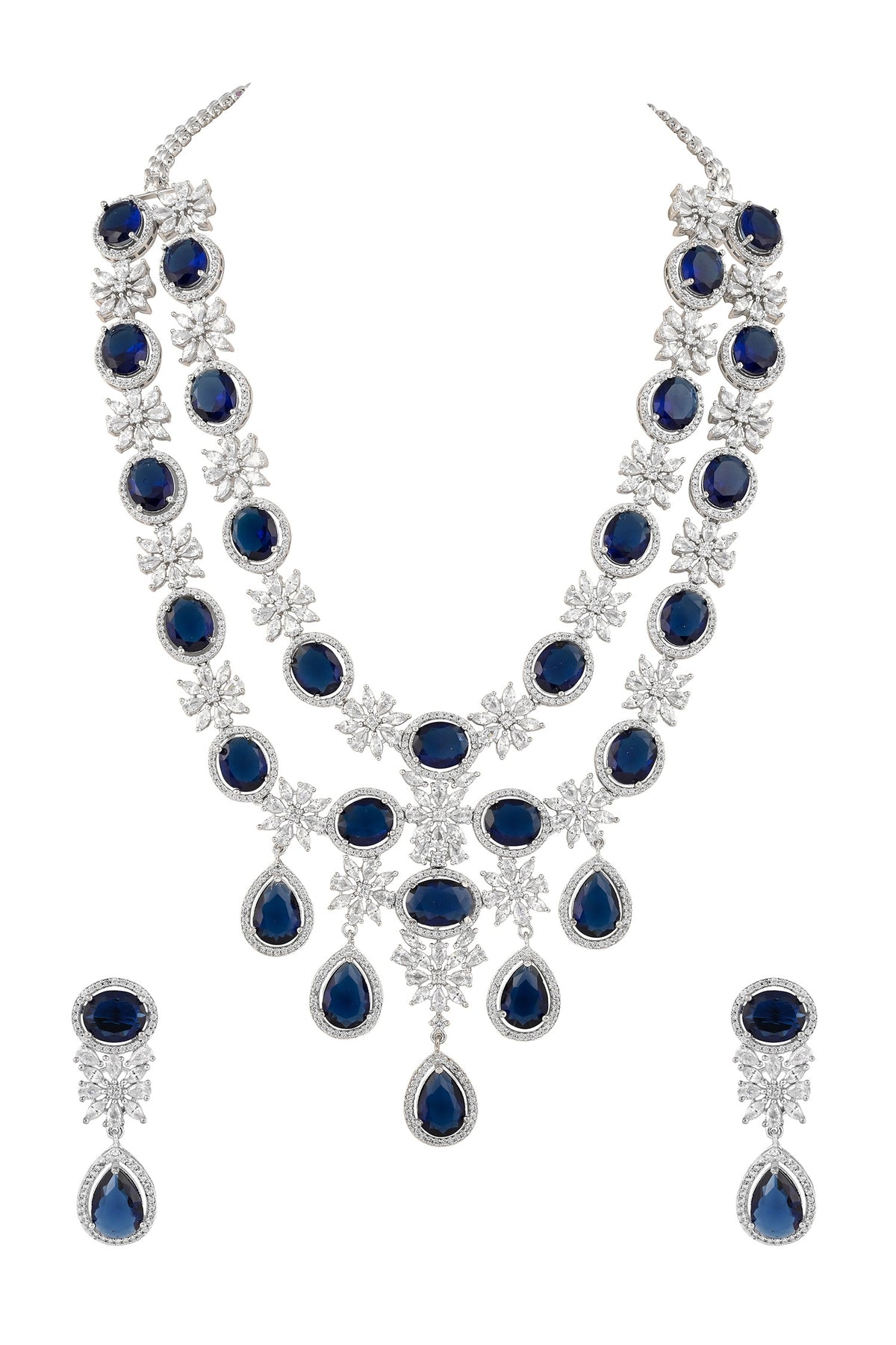 Blue Rhodium Plated Necklace & Earrings Set 