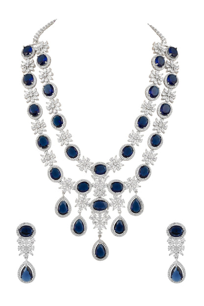 Blue Rhodium Plated Necklace & Earrings Set 