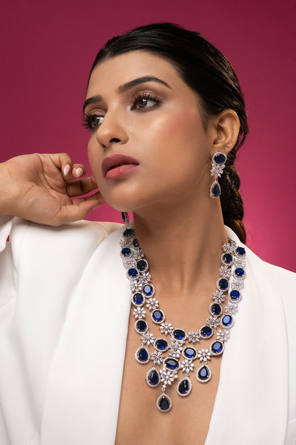 Blue Rhodium Plated Necklace & Earrings Set 
