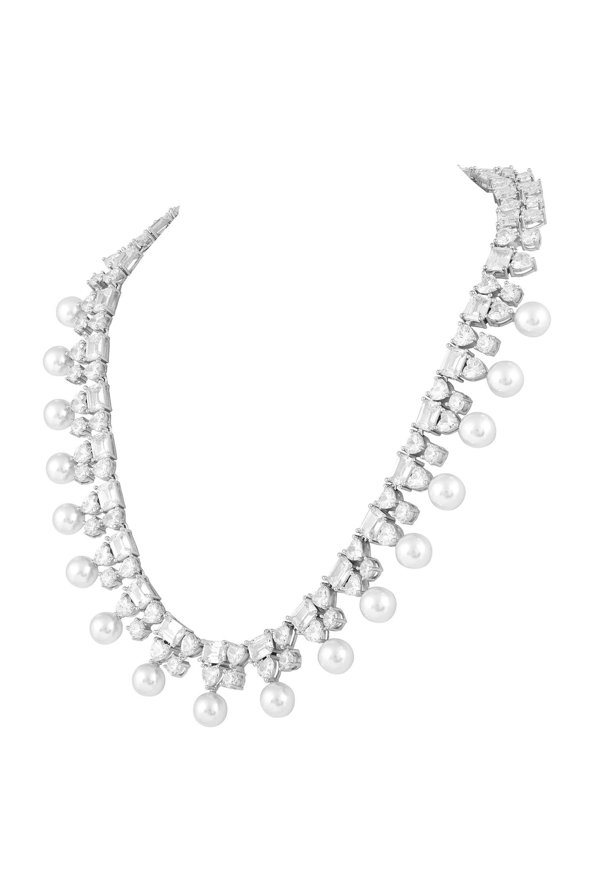 Rhodium Plated Pearl Necklace & Earrings Set 