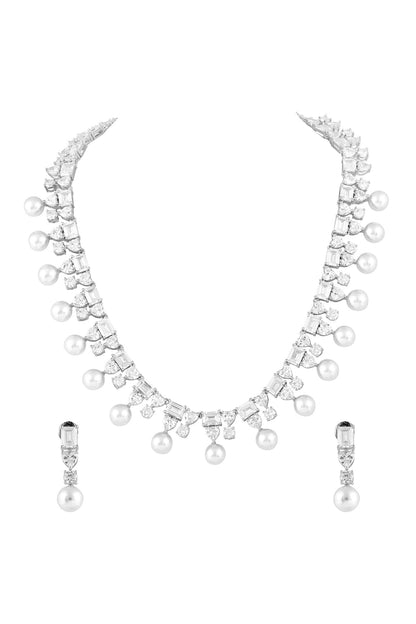 Rhodium Plated Pearl Necklace & Earrings Set 