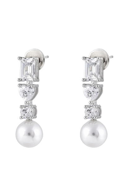 Rhodium Plated Pearl Necklace & Earrings Set 