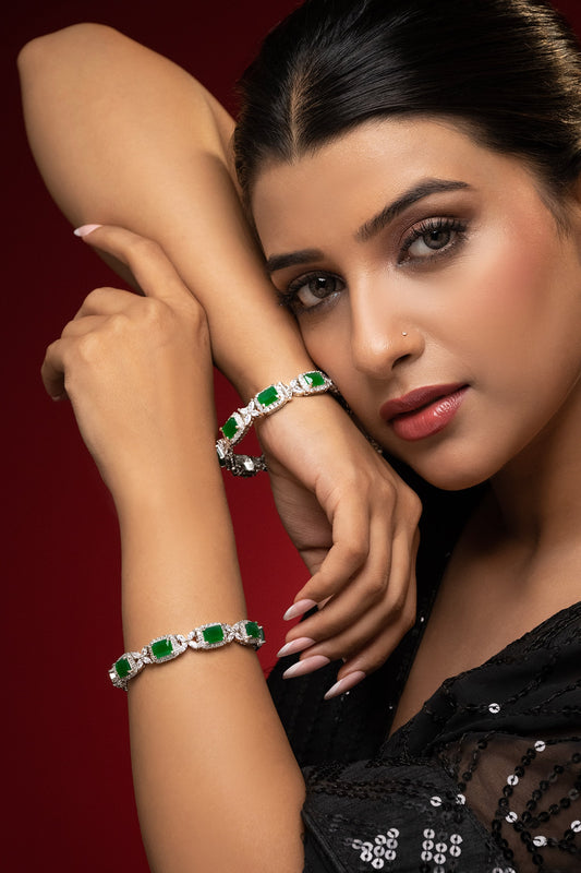 Green Rhodium Plated Bangle Set 