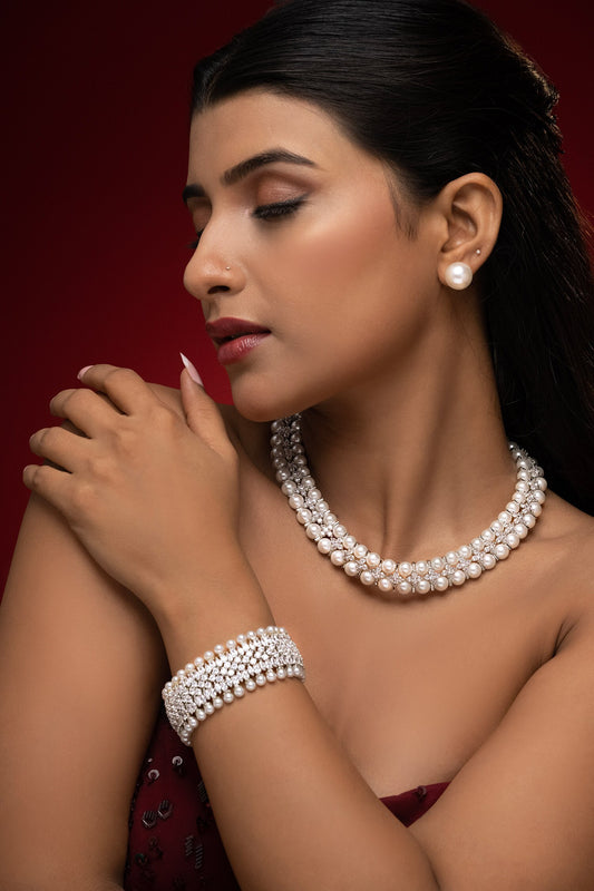 Rhodium Plated White Pearl Bracelet 