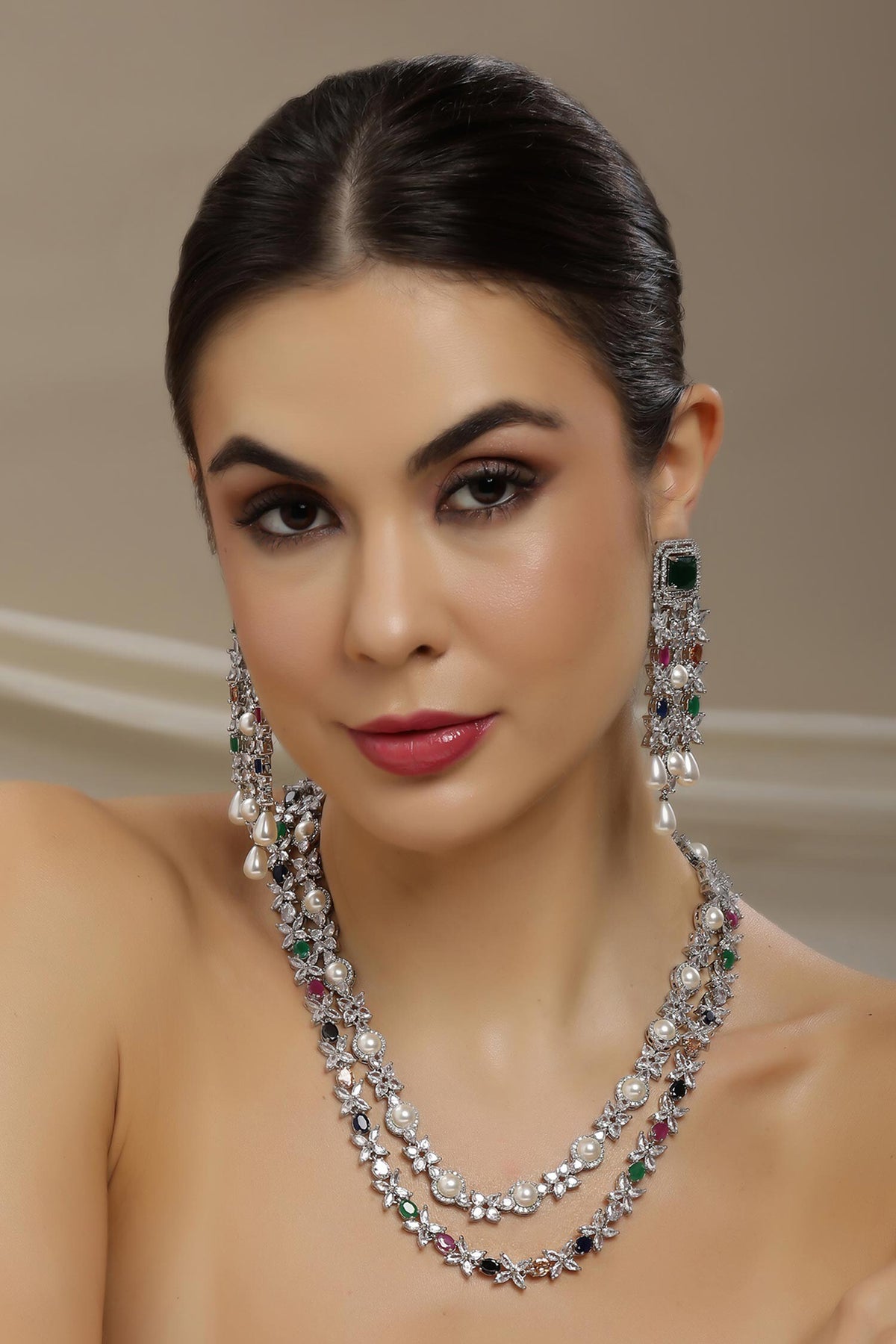 Multi Stone Double Layered Necklace & Earrings 