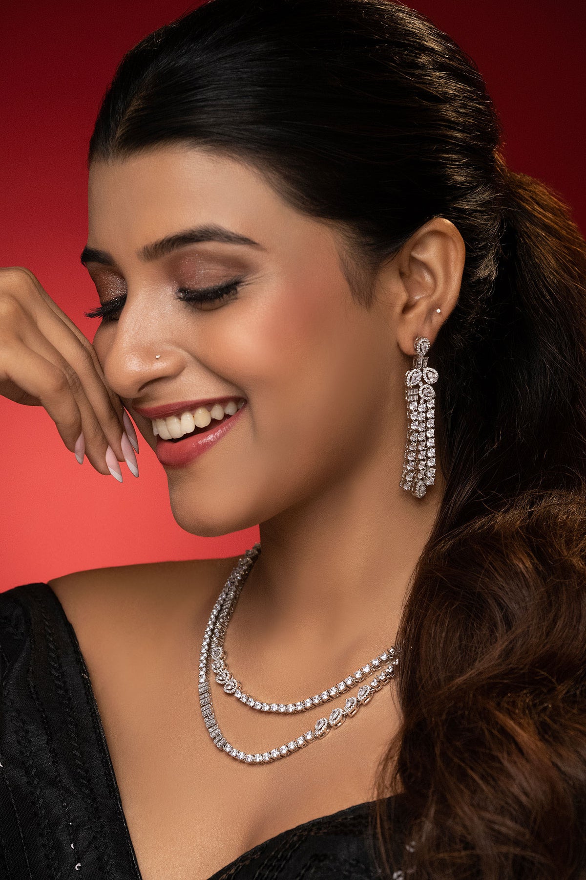 Rhodium Plated White Necklace & Earrings Set 