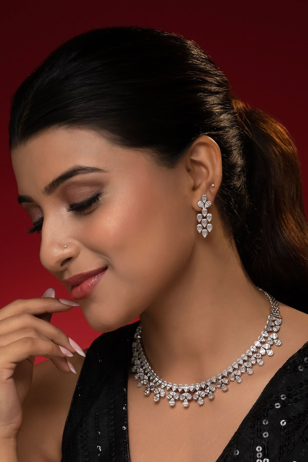Rhodium Plated White Necklace & Earring Set 