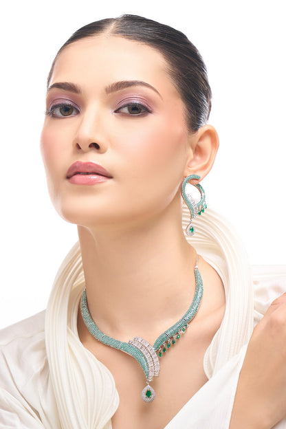 Green Brass American Diamond Jewelry Set 
