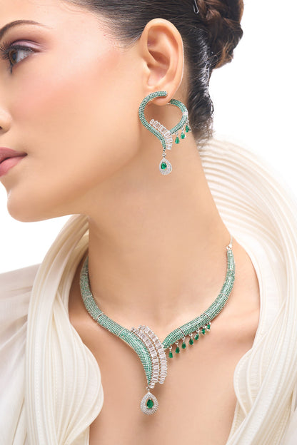 Green Brass American Diamond Jewelry Set 